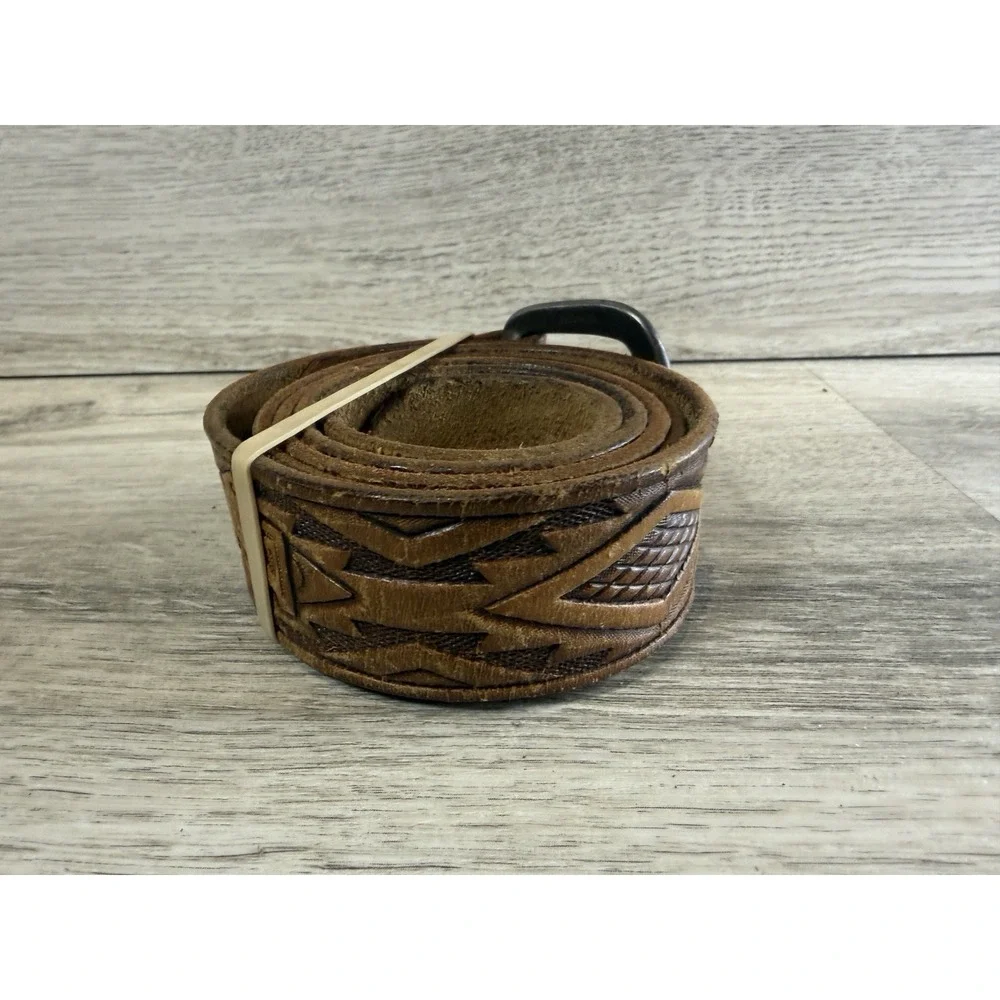 Vintage Aztec Hand Tooled Genuine Leather Belt Mens‎ Size 38 Brown Native